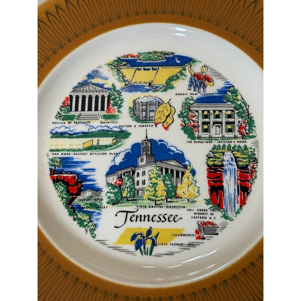 Tennessee Souvenir Plate Vintage Homer laughlin Morocco Pattern 1960s Mustard - Picture 3 of 9